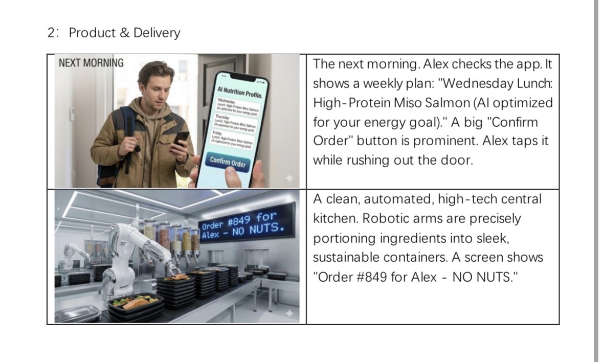 Storyboard panel 2: The delivery moment. A drone or delivery person bringing EasyMeals to the user's doorstep. This shows the convenience and reliability of the service—meals arrive on schedule without requiring user action or decision-making.
